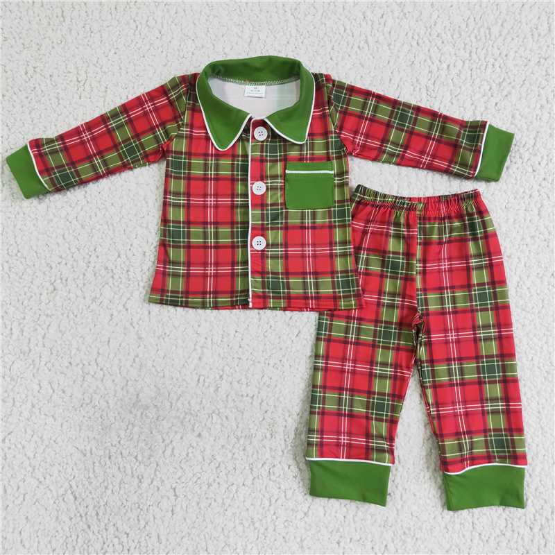 sibling christmas RTS No moq Baby Boys Red Green Plaid Christmas Pajama Set