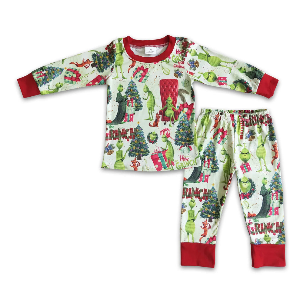 RTS NO MOQ Sibling milk silk Cute Clothes Baby Boys Christmas Candy Print Long Sleeve Top Elastic Waist Pants Two Piece Holiday Pajamas Sets