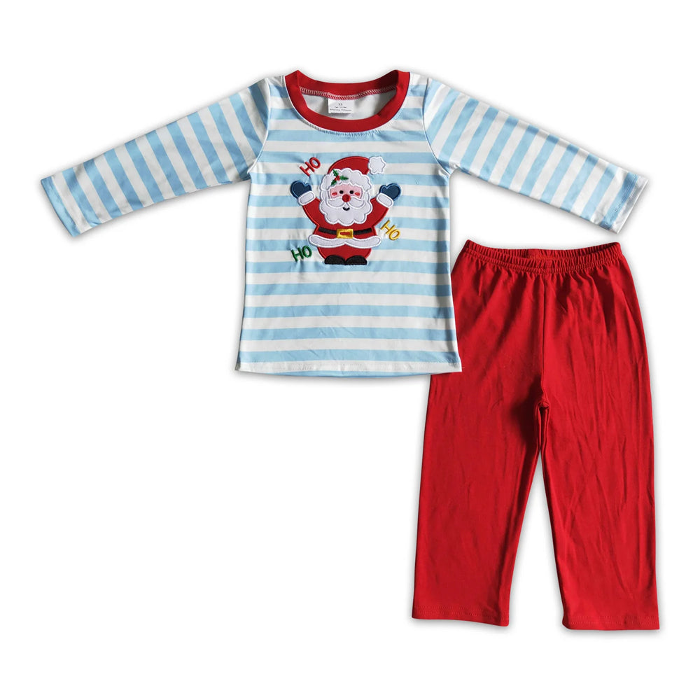 RTS NO MOQ Sibling milk silk Baby Boys Cute Blue Striped Santa Print Top Pants Holiday Photo Matching Outfit Sets