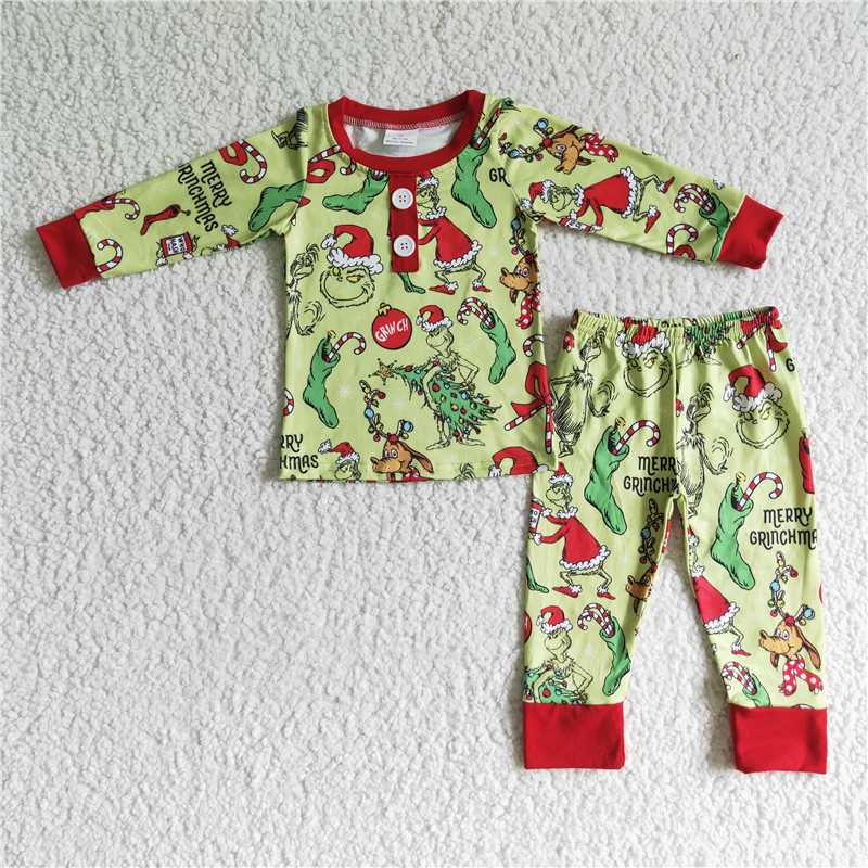 RTS NO MOQ Sibling milk silk Baby Girls And Boys Christmas Pajamas Cute Holiday Print Long Sleeve Sleep Set