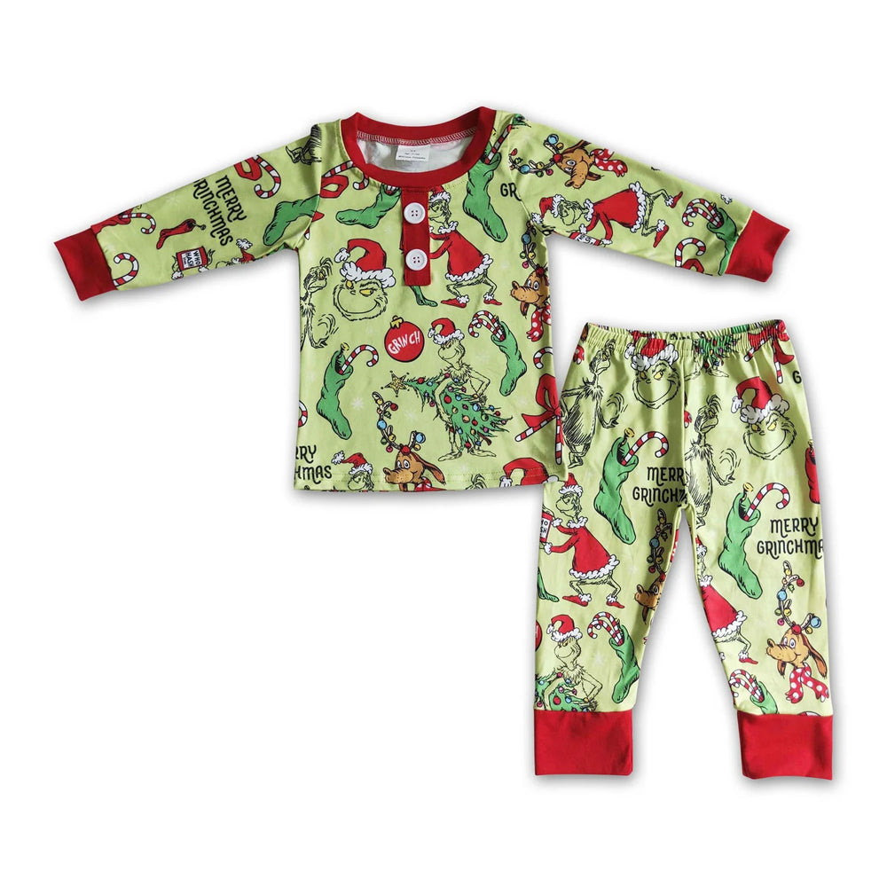 RTS NO MOQ Sibling milk silk Cute Clothes Baby Boys Christmas Candy Print Long Sleeve Top Elastic Waist Pants Two Piece Holiday Pajamas Sets