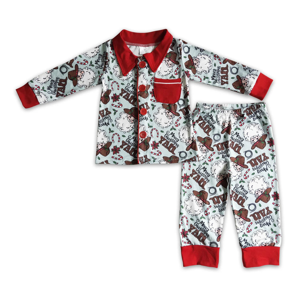 RTS NO MOQ Sibling milk silk Baby Boys Christmas Farm  Button Up Top  Pants Sleep Matching Outfits