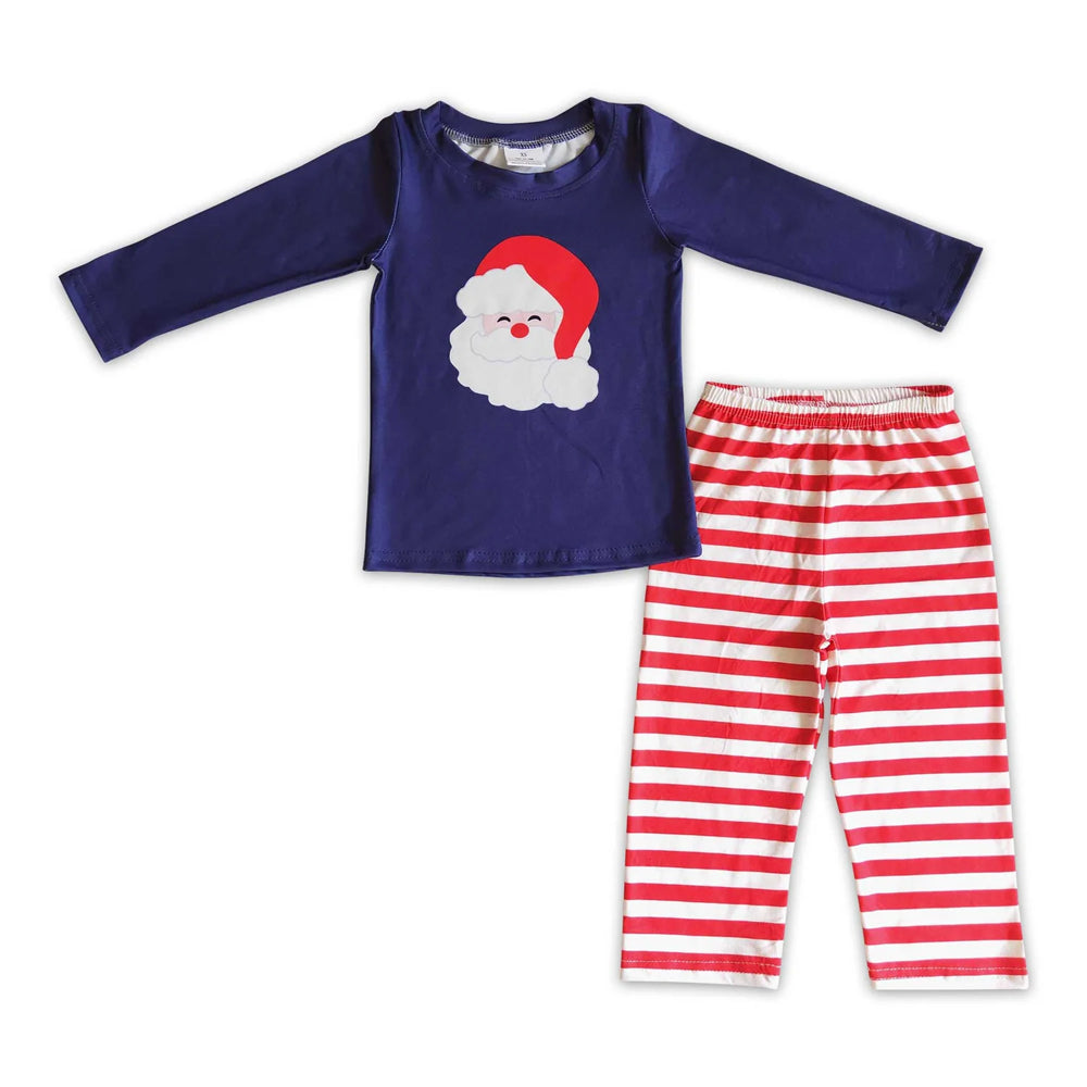 RTS NO MOQ Sibling milk silk Baby Boys Cute Blue Striped Santa Print Top Pants Holiday Photo Matching Outfit Sets