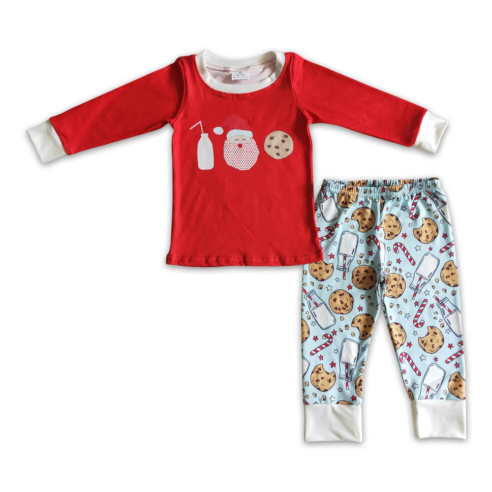 RTS NO MOQ Sibling milk silk Baby Boys Cookie Santa Milk Long Sleeve Top Loose Fit Pants Sleepwear Sets