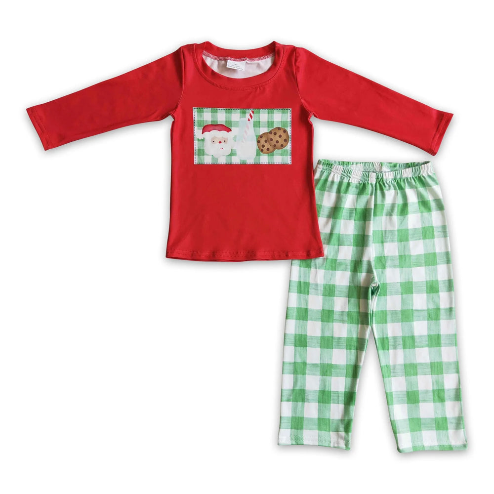 RTS NO MOQ Sibling milk silk Baby Boys Cookie Santa Milk Long Sleeve Top Loose Fit Pants Sleepwear Sets