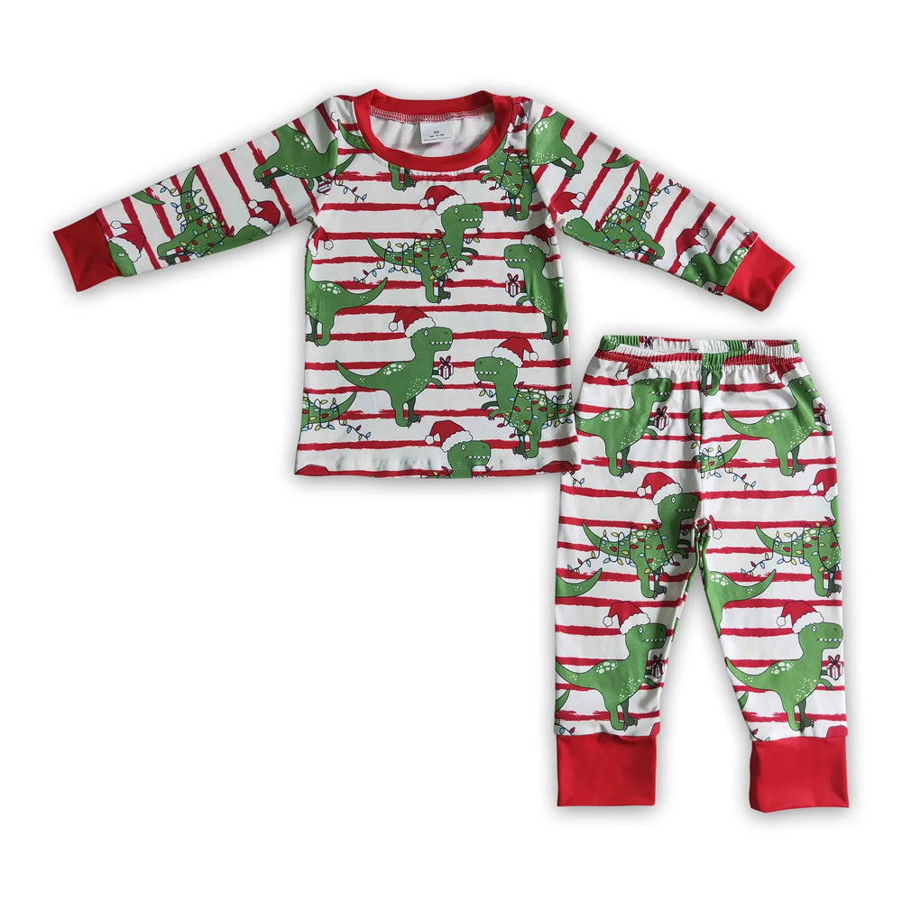 RTS NO MOQ Sibling milk silk Baby Boys Bamboo Christmas Dinosaur Print Top Pants Matching Pajamas Sets