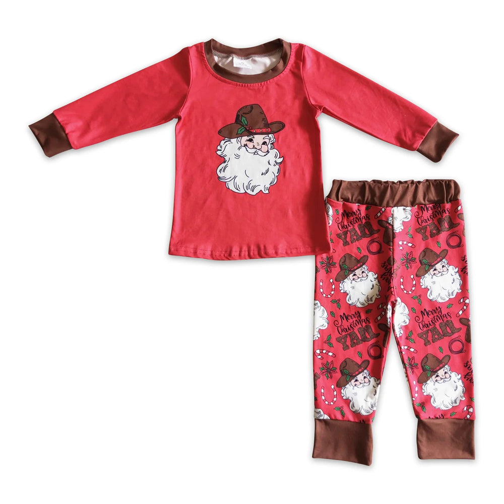 RTS NO MOQ Sibling milk silk Baby Boys Cute Western Christmas Tree Print Top Pants Holiday Photo Matching Pajamas Sets