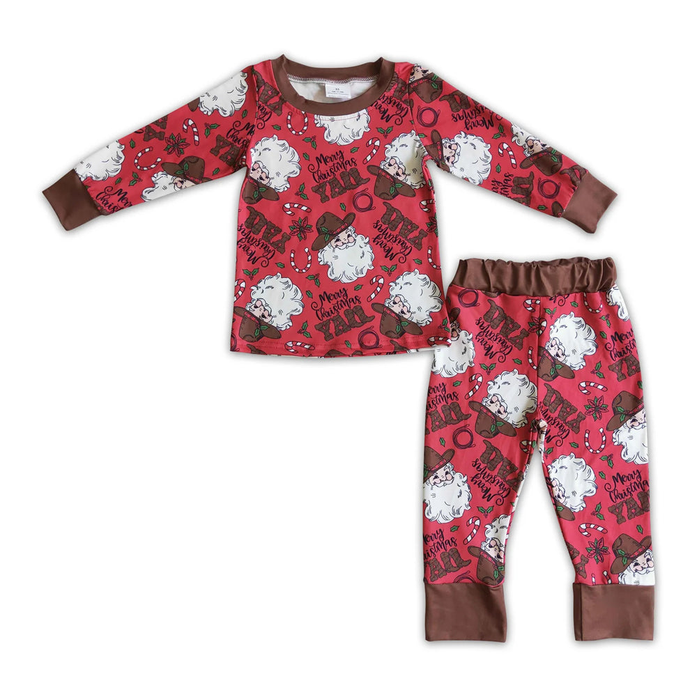 RTS NO MOQ Sibling milk silk Baby Boys Cute Western Christmas Tree Print Top Pants Holiday Photo Matching Pajamas Sets