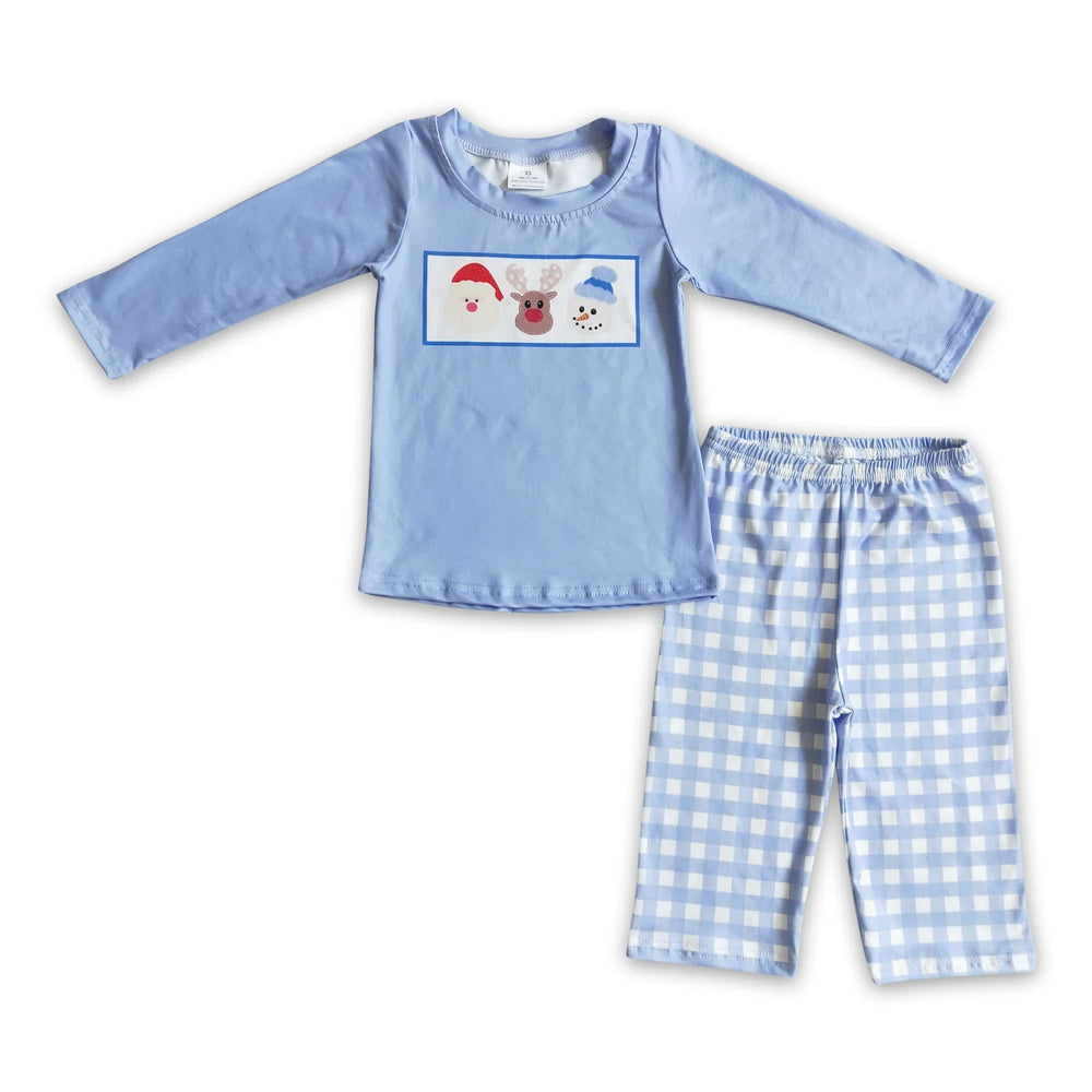 RTS NO MOQ Sibling milk silk Baby Boys Cute Blue Striped Santa Print Top Pants Holiday Photo Matching Outfit Sets