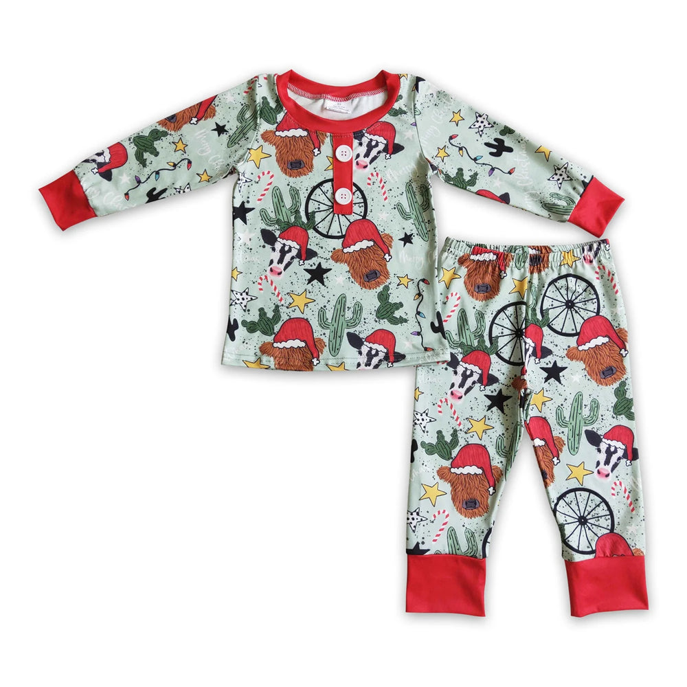 RTS NO MOQ Sibling milk silk Baby Boys Cute Western Christmas Tree Print Top Pants Holiday Photo Matching Pajamas Sets