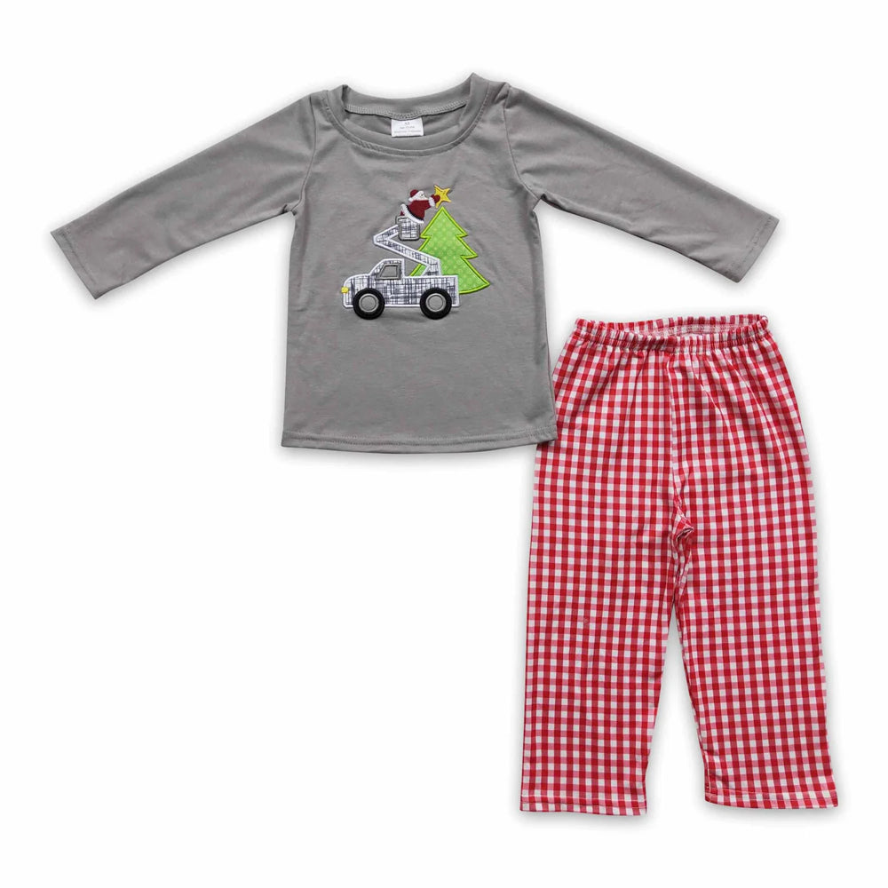 RTS NO MOQ Sibling milk silk Baby Boys Cute Truck Christmas Tree Bamboo Pajama Top Pants Sleep Clothes Sets