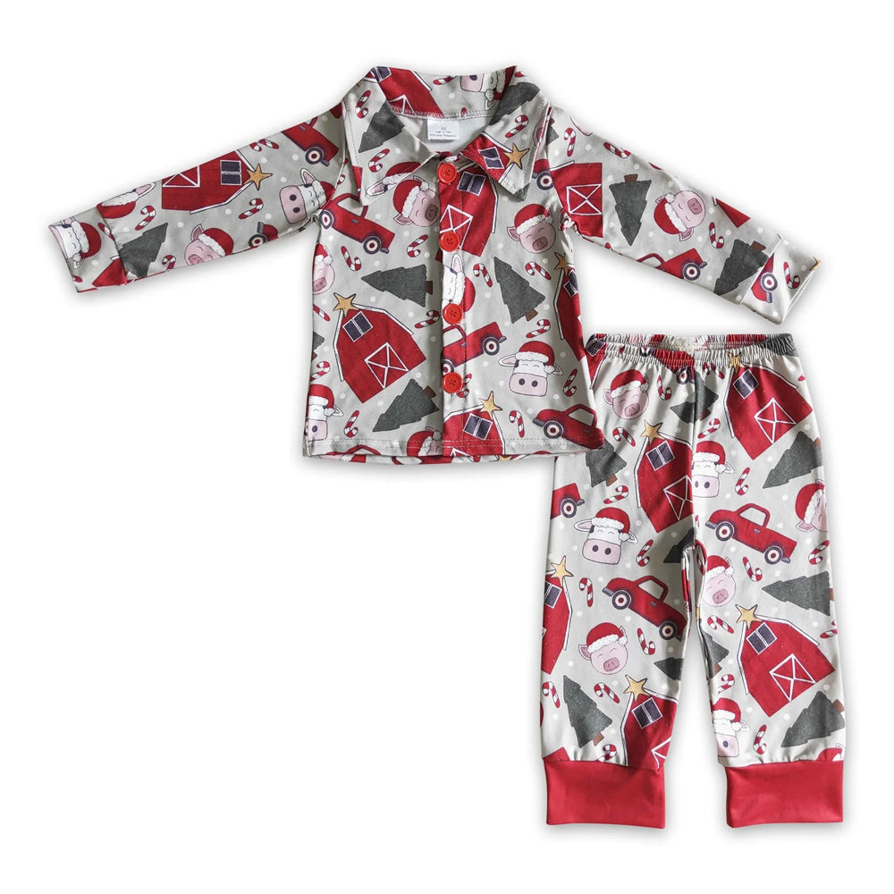 RTS NO MOQ Sibling milk silk Baby Boys Christmas Farm  Button Up Top  Pants Sleep Matching Outfits