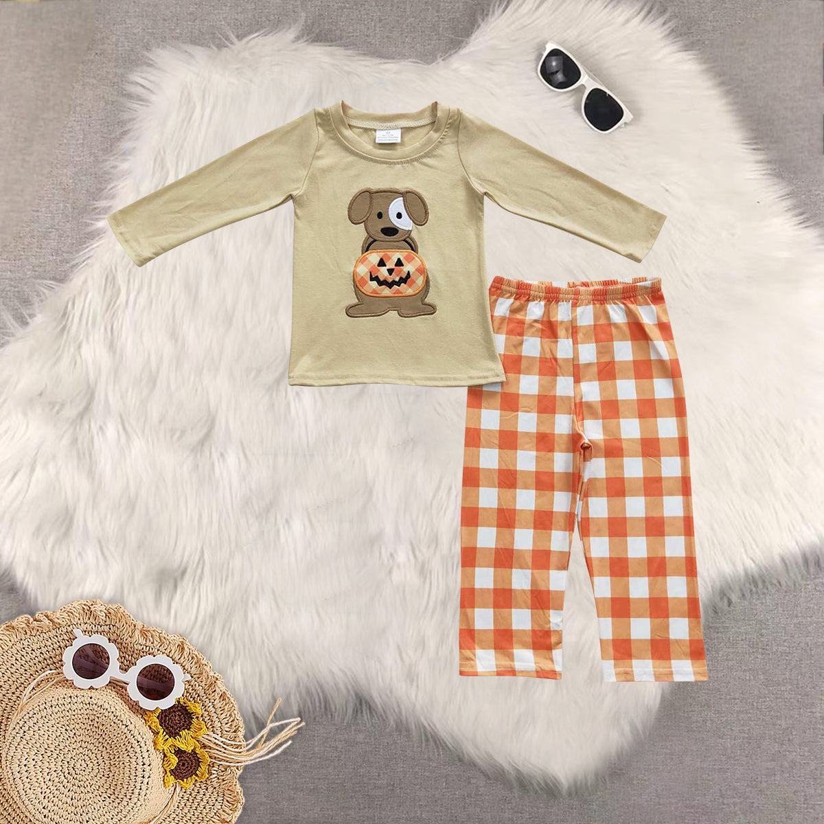 RTS NO MOQ Sibling Baby girls boy clothes embroidery pumpkin long-sleeved trousers suit & romper