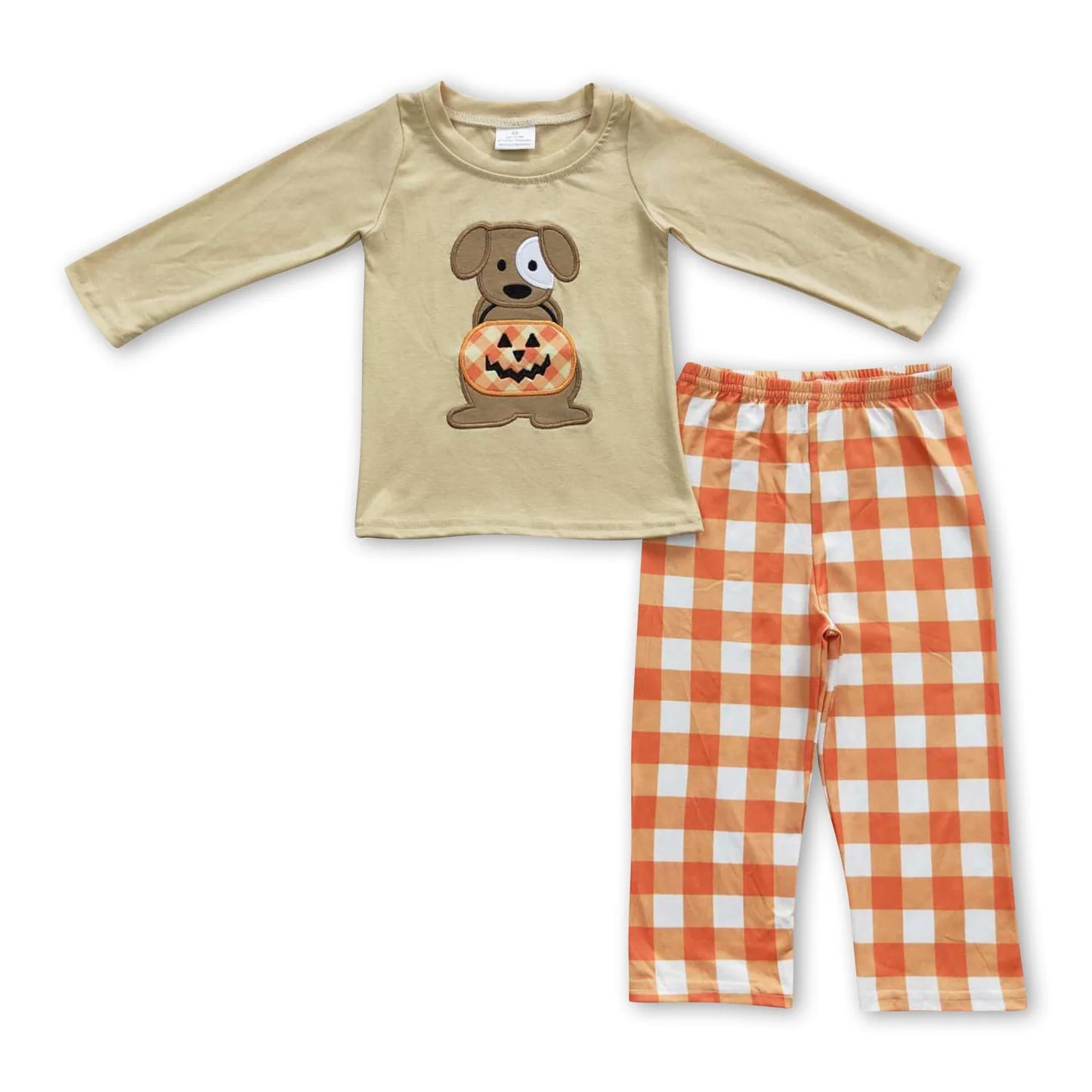 RTS NO MOQ Sibling milk silk Embroidery Baby Boys Girls Dog Pumpkin Halloween Long Sleeve Top Pants Clothes Sets Rompers