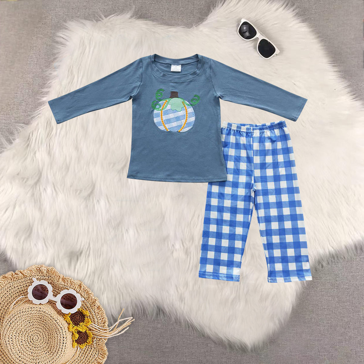 RTS NO MOQ Sibling Baby girls boy clothes embroidery pumpkin long-sleeved trousers suit & romper