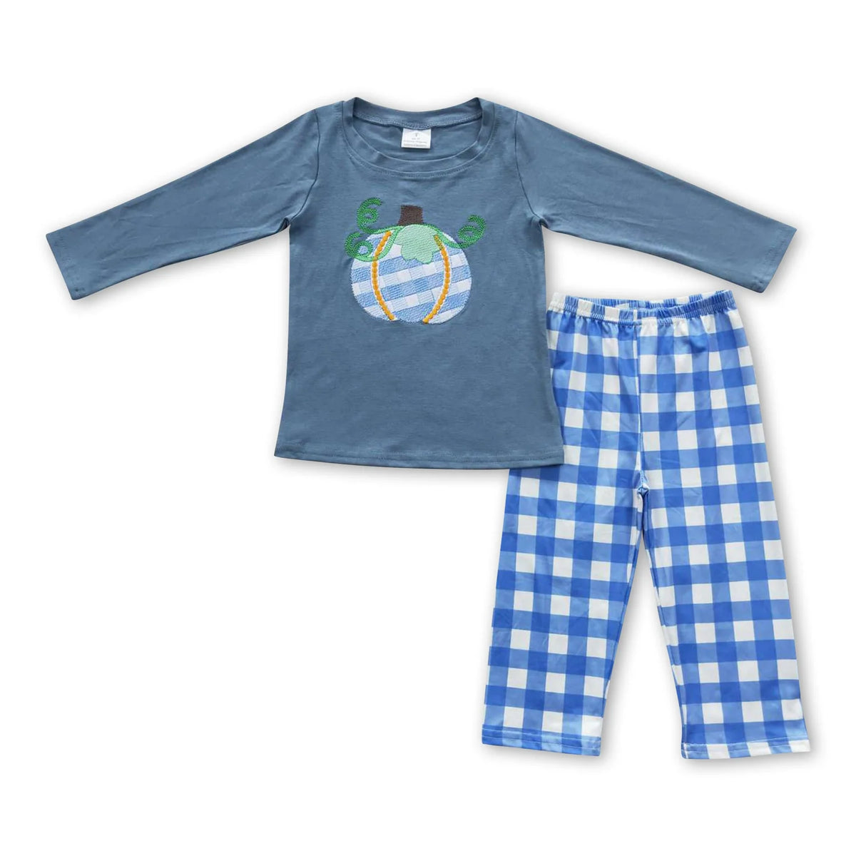 RTS NO MOQ Sibling milk silk Embroidery Baby Boys Girls Pumpkin Blue Checkered Long Sleeve Top Pants Casual Sets Rompers