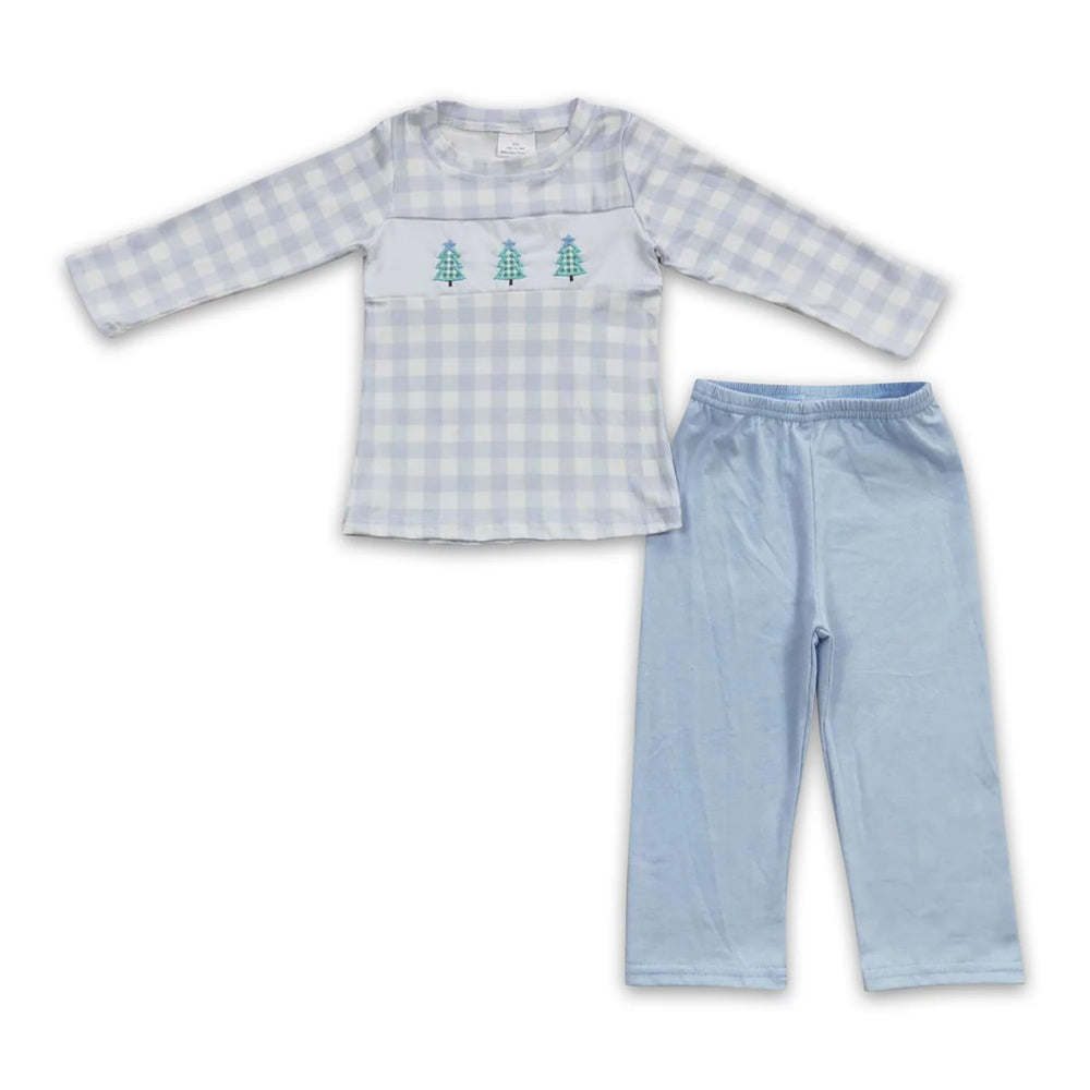 RTS NO MOQ Sibling milk silk Baby Boys Cute Christmas Tree Print Top Checkered Trousers Holiday Clothes