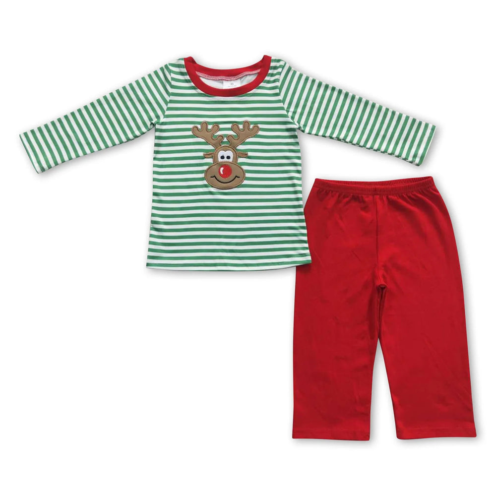 RTS NO MOQ Sibling milk silk Baby Boys Cute Blue Striped Santa Print Top Pants Holiday Photo Matching Outfit Sets