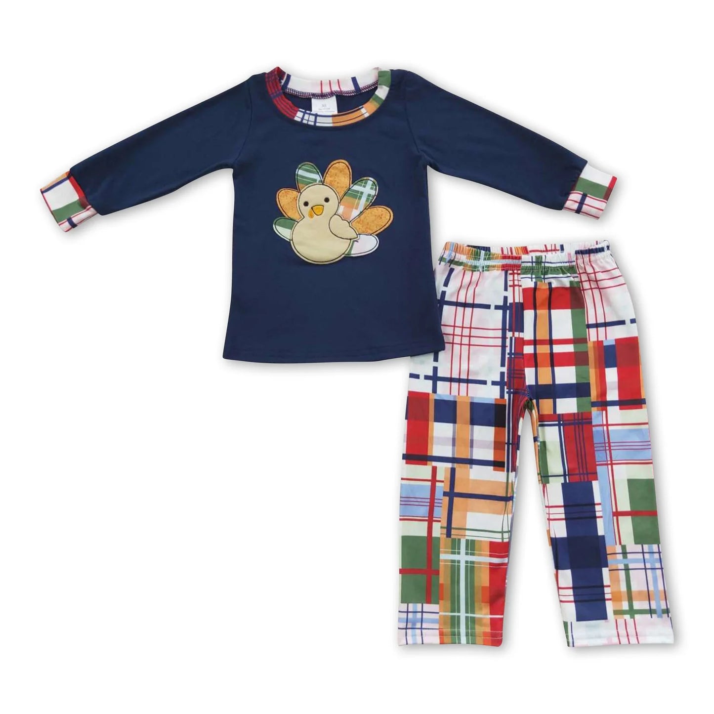 RTS NO MOQ Sibling milk silk Embroidery Baby Boys Girls Thanksgiving Turkey Patchwork Long Sleeve Top Pants Casual Sets Rompers
