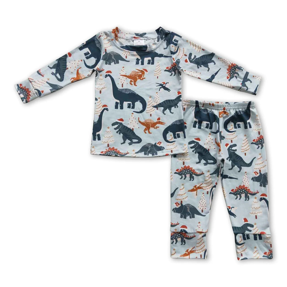 RTS NO MOQ Sibling milk silk Baby Boys Bamboo Christmas Dinosaur Print Top Pants Matching Pajamas Sets