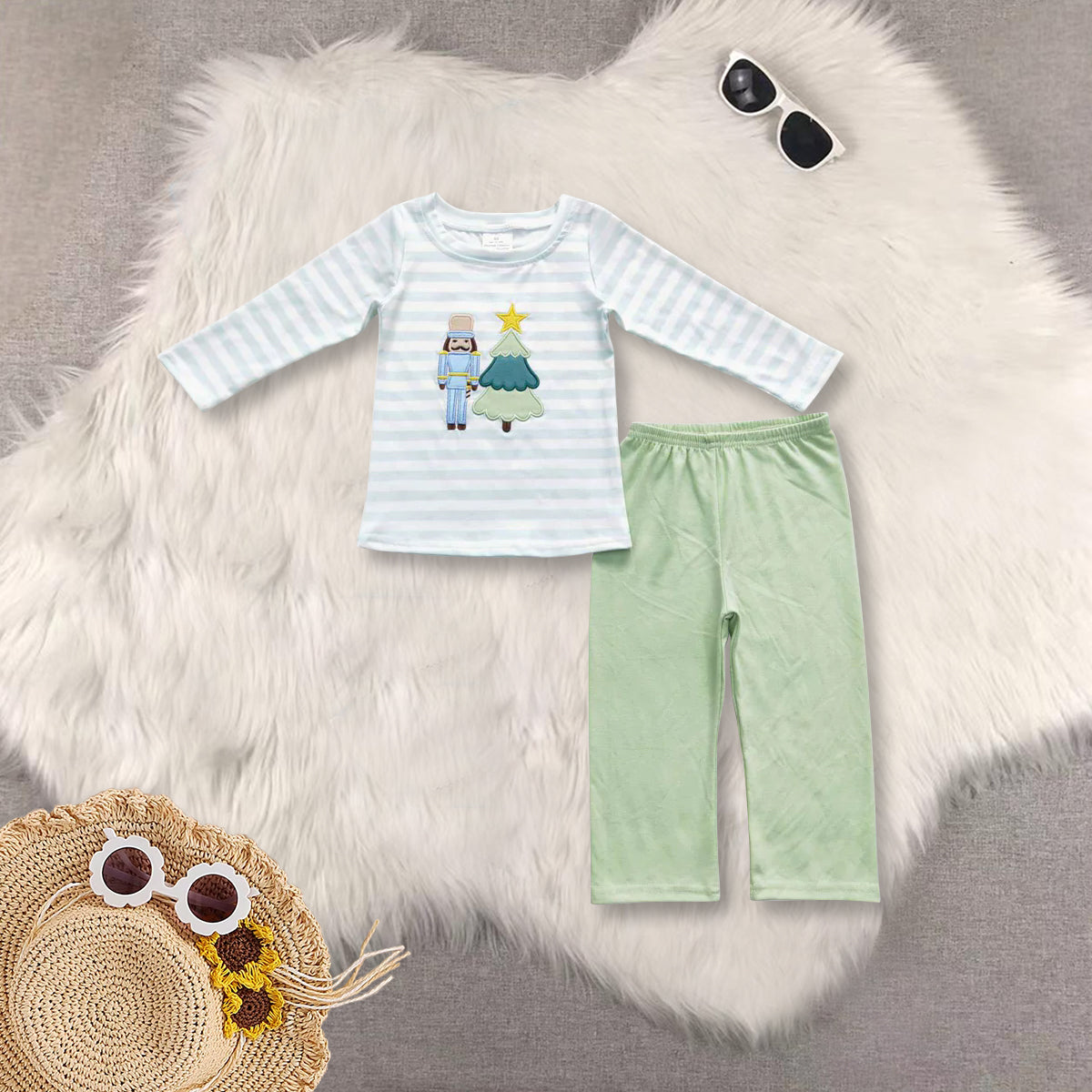 RTS NO MOQ Sibling baby boy girls clothes Embroidered Christmas Tree Pattern Boys and Girls Long Sleeve Suit and dress and romper