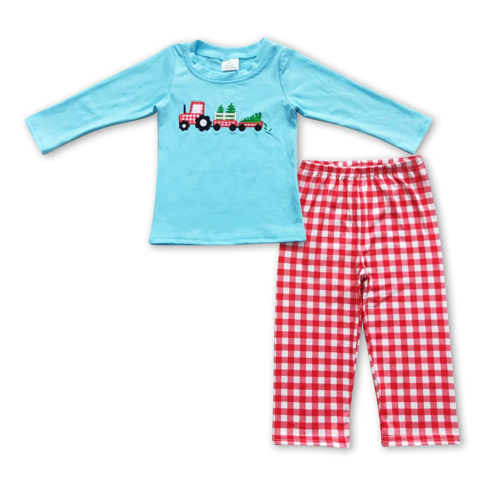 RTS NO MOQ Sibling milk silk Baby Boys Cute Truck Christmas Tree Bamboo Pajama Top Pants Sleep Clothes Sets