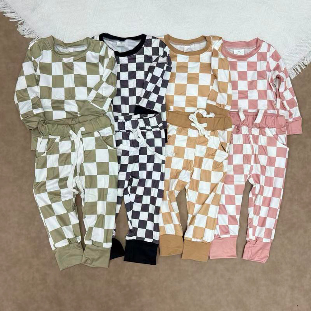 RTS NO MOQ Sibling baby boy clothes Dark Brown Plaid Long Suit & Black and White Plaid Long Hooded Suit