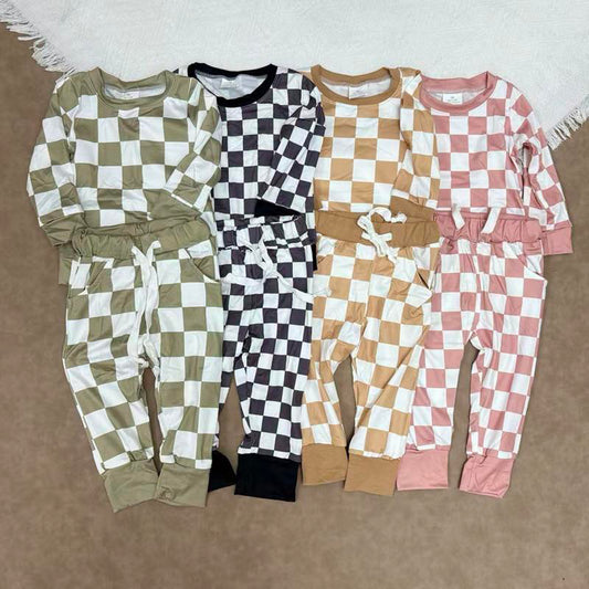 RTS NO MOQ Sibling baby boy clothes Dark Brown Plaid Long Suit & Black and White Plaid Long Hooded Suit