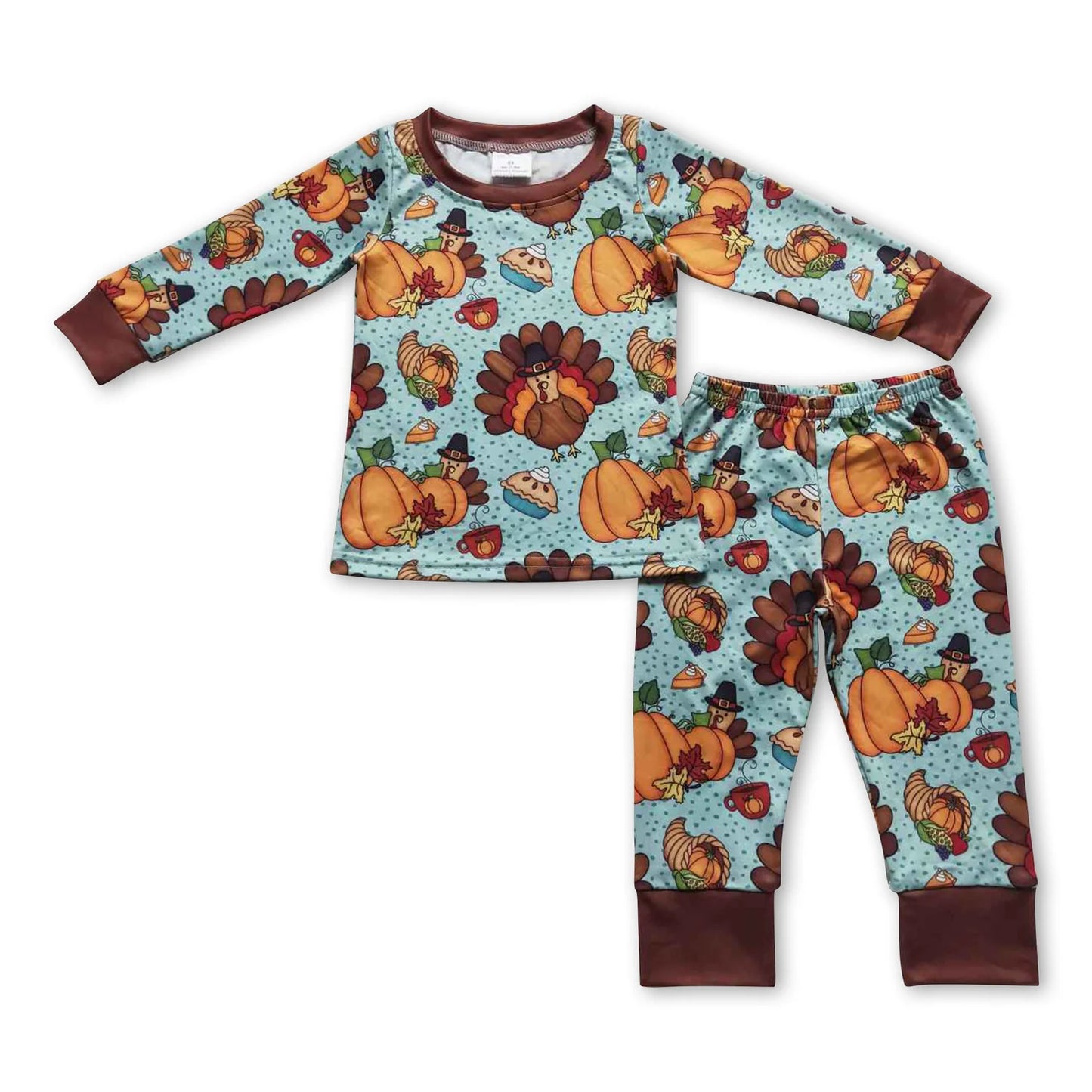 RTS NO MOQ Sibling milk silk Baby Thanksgiving Turkey Pie Print Top Ruffle Pants Two Piece Pajamas Clothes Sets