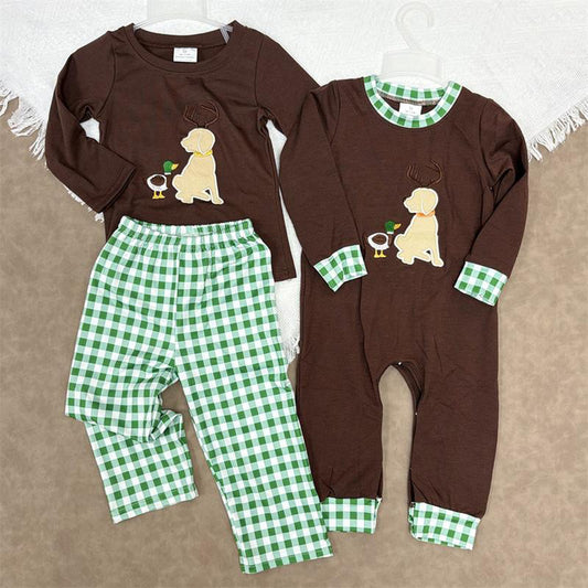 RTS NO MOQ Sibling baby boy girl clothes Embroidered Puppy and Duck Brown Long Sleeve Set and romper
