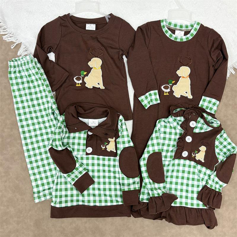 RTS NO MOQ Sibling baby boy girl clothes Embroidered Puppy and Duck Brown & Green Plaid Button Pullover & Long Sleeve Set & Crawling Suit