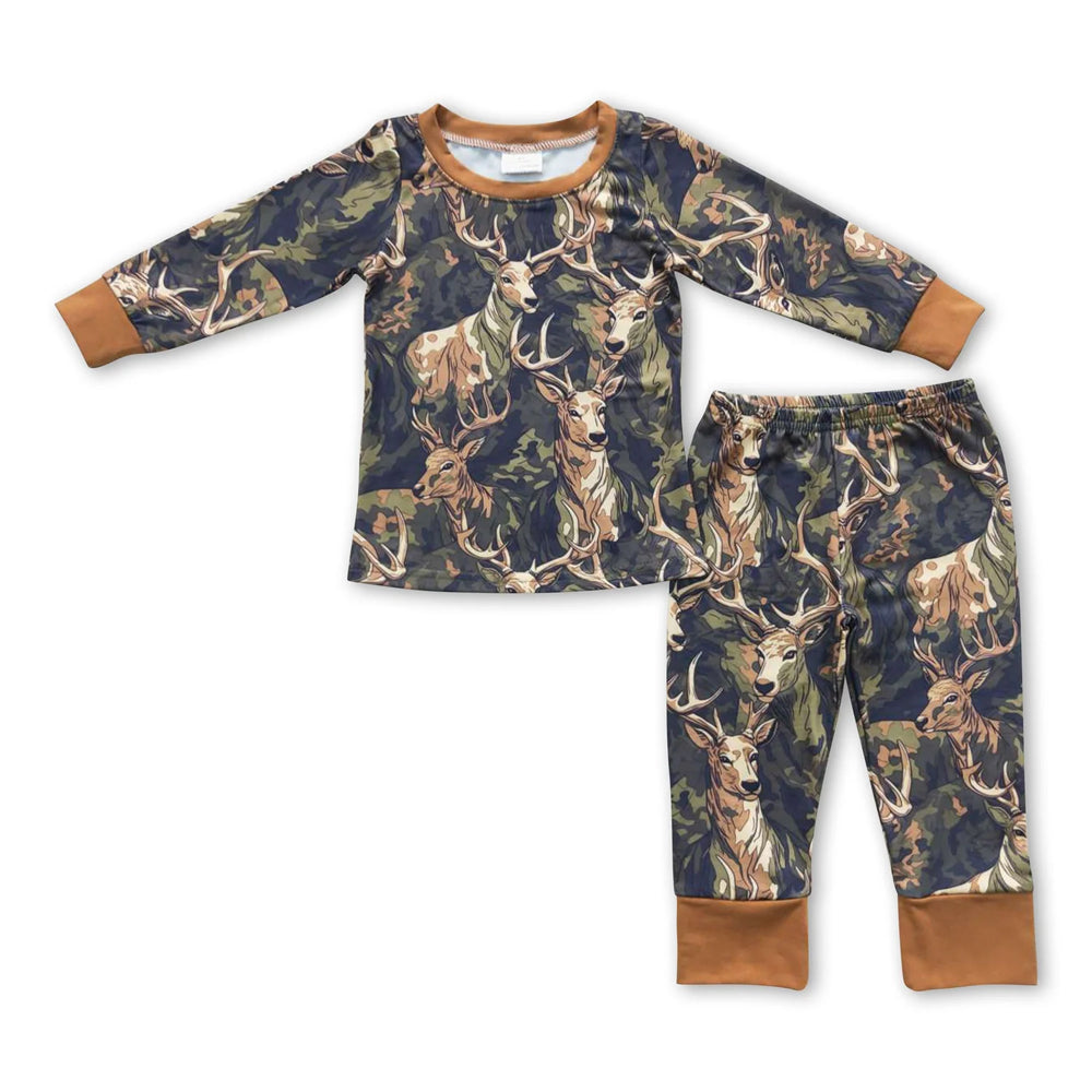 RTS NO MOQ Sibling milk silk Baby Boys Deer Camo Print Long Sleeve Top And Pant Set Half Zip Collar Shirt