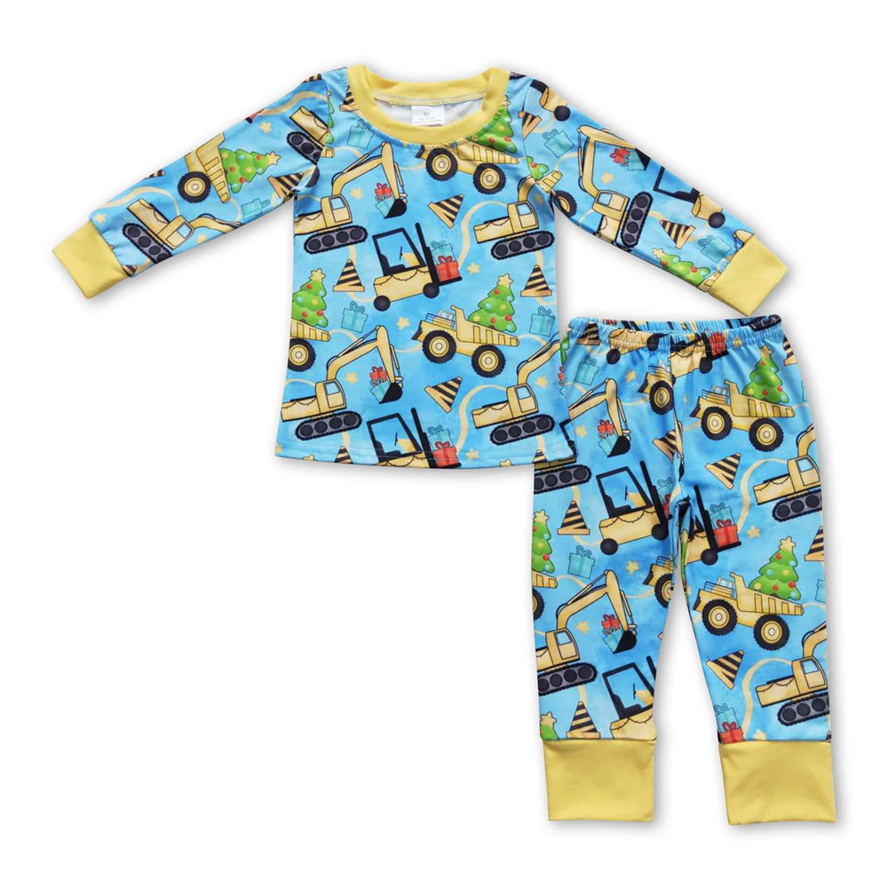 RTS NO MOQ Sibling milk silk Baby Boys Cute Truck Christmas Tree Bamboo Pajama Top Pants Sleep Clothes Sets