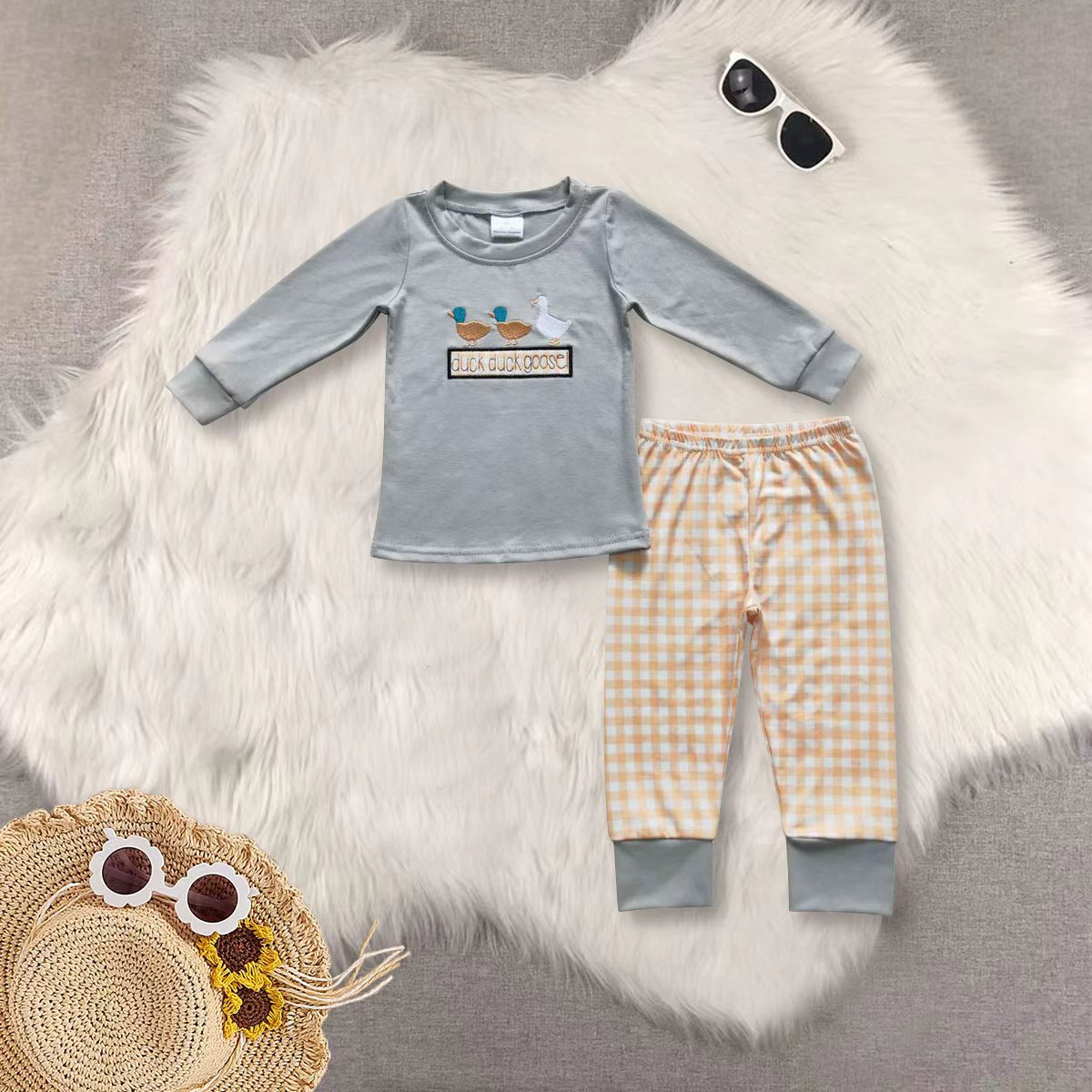 RTS NO MOQ Sibling baby boy clothes embroidery duck long-sleeved suits