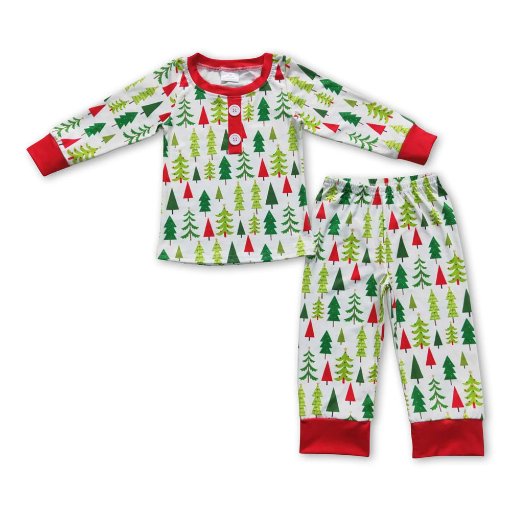 RTS NO MOQ Sibling milk silk Baby Boys Cute Christmas Tree Print Top Checkered Trousers Holiday Clothes