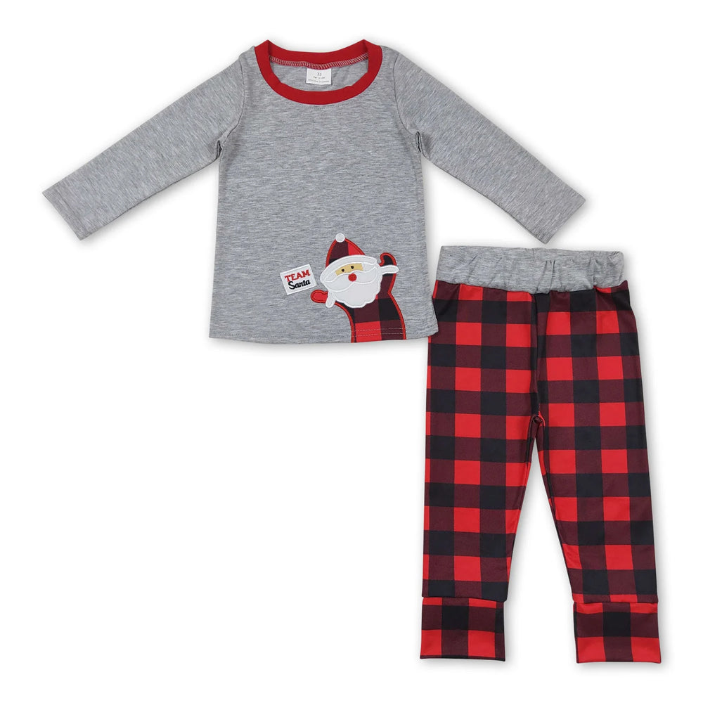 RTS NO MOQ Sibling milk silk Baby Boys Cute Embroidery Santa Green Pocket Top Striped Leggings Christmas Clothes Sets