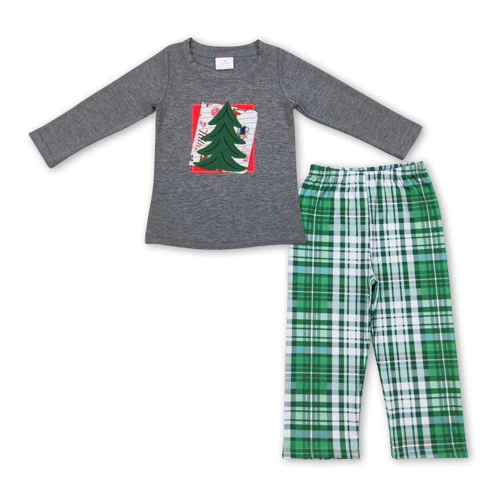 RTS NO MOQ Sibling milk silk Baby Boys Cute Christmas Tree Print Top Checkered Trousers Holiday Clothes