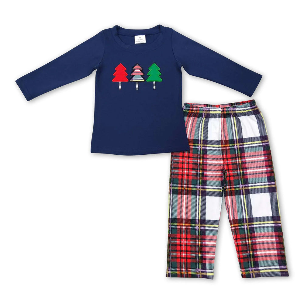 RTS NO MOQ Sibling milk silk Baby Boys Cute Christmas Tree Print Top Checkered Trousers Holiday Clothes