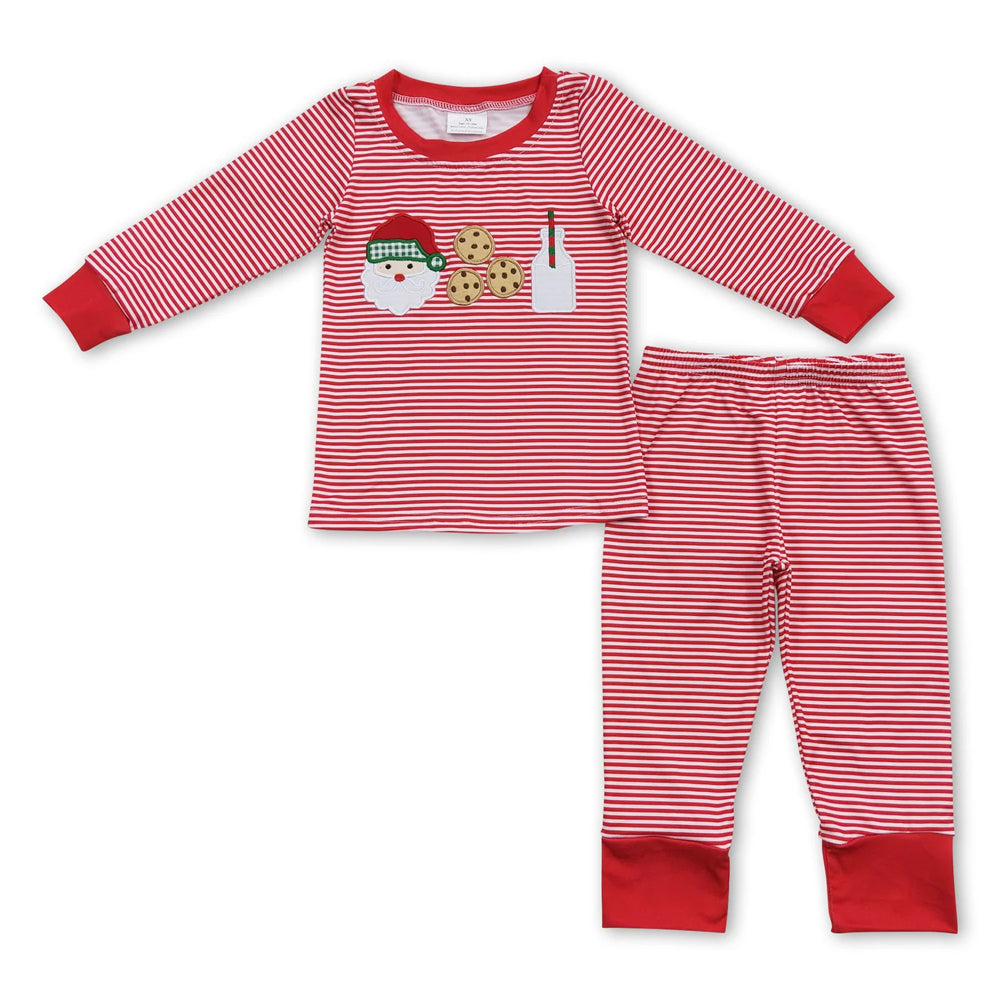 RTS NO MOQ Sibling milk silk Baby Boys Christma Embroidery Santa long sleeve pants sets and rompers and top