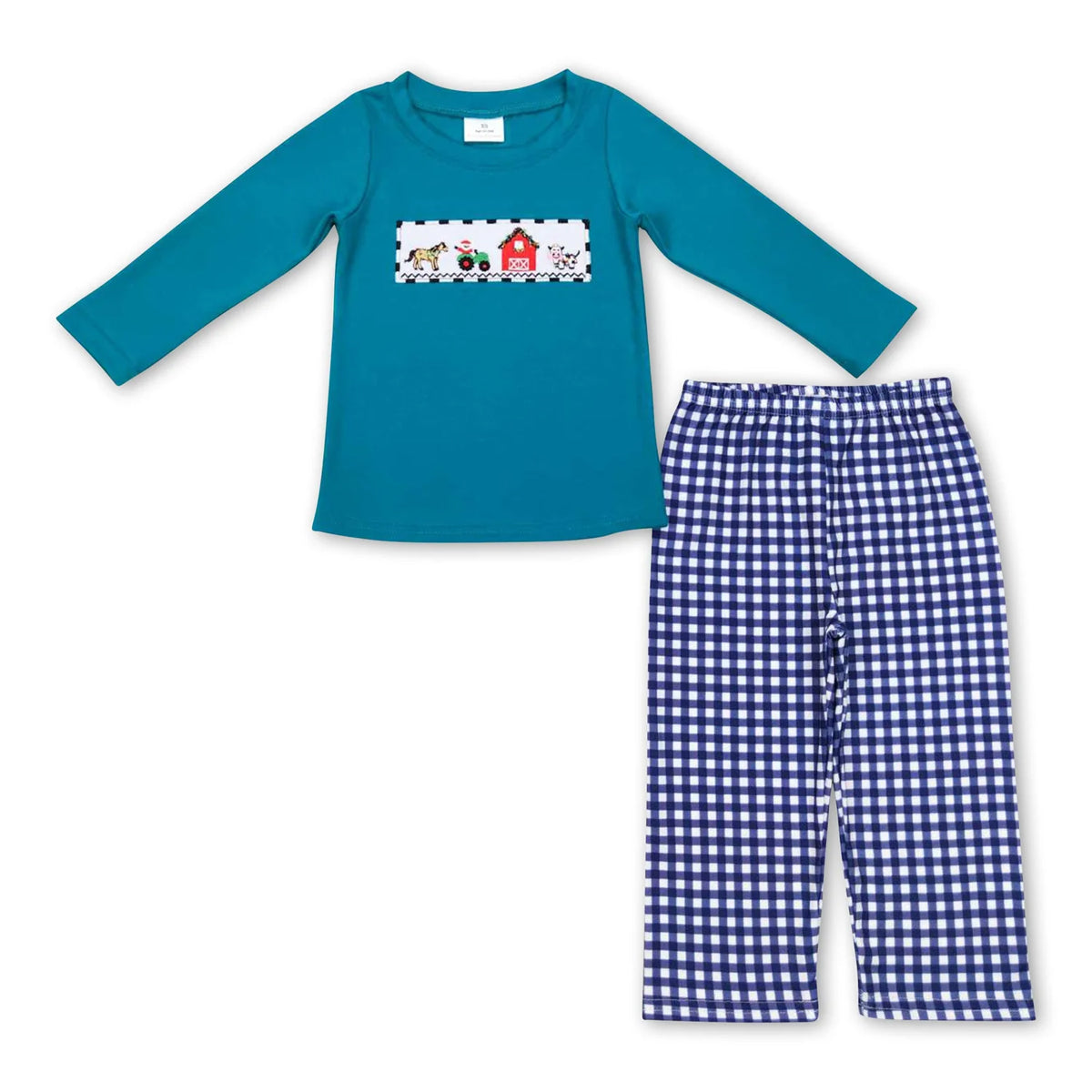 RTS NO MOQ Sibling Baby girl boy clothes embroidery farm animal house Long Sleeve Pants Sets