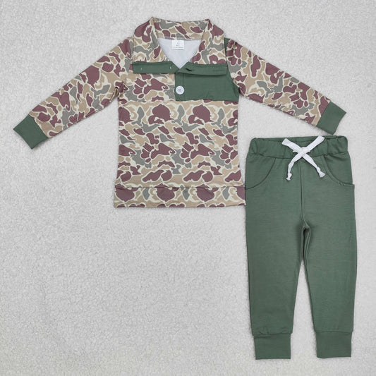 RTS NO MOQ ETA 5/7days Arrived BLP0491 Camouflage Button Long Sleeve Army Green Trousers Set