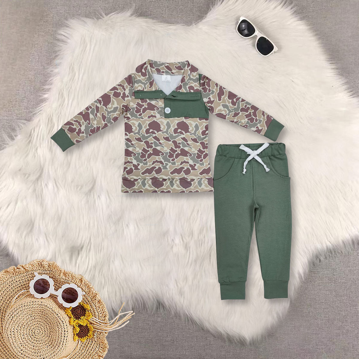 RTS NO MOQ Sibling Baby Boy clothes Camouflage Top Bell Pants Clothes Sets