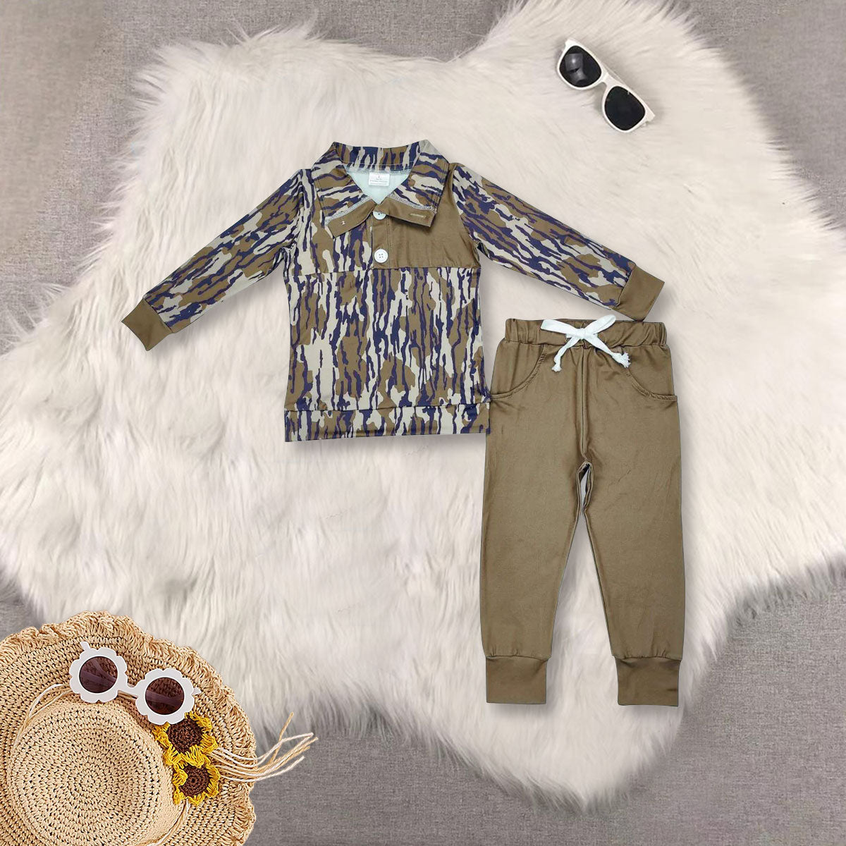 RTS NO MOQ Sibling Baby Boy clothes Camouflage Top Bell Pants Clothes Sets