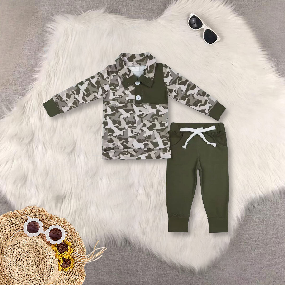 RTS NO MOQ Sibling Baby Boy clothes Camouflage Top Bell Pants Clothes Sets