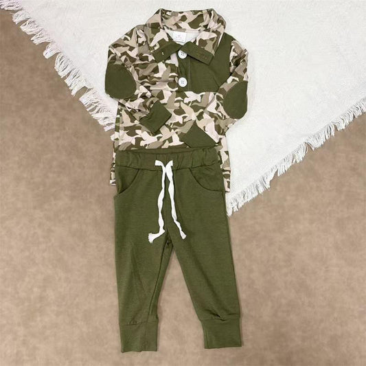 rts no moq BLP0493 Duck Camouflage Button Long Sleeve Dark Green Pants Set