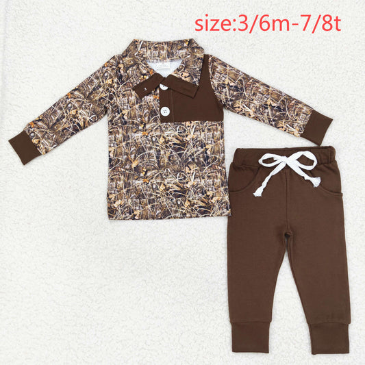 RTS NO MOQ（In Stock) Leaf camouflage button long sleeve brown trousers set