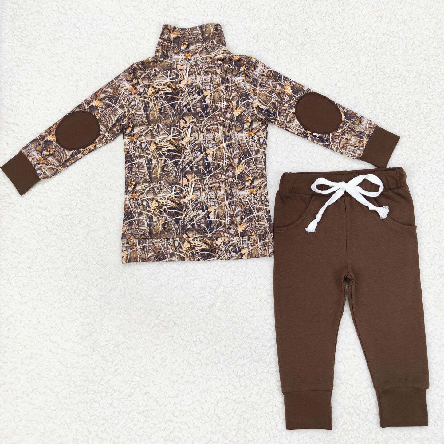 RTS NO MOQ（In Stock) Leaf camouflage button long sleeve brown trousers set