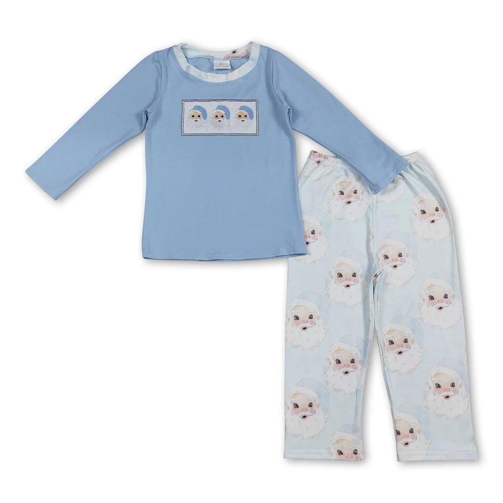 RTS NO MOQ Sibling milk silk Baby Boys Cute Blue Striped Santa Print Top Pants Holiday Photo Matching Outfit Sets