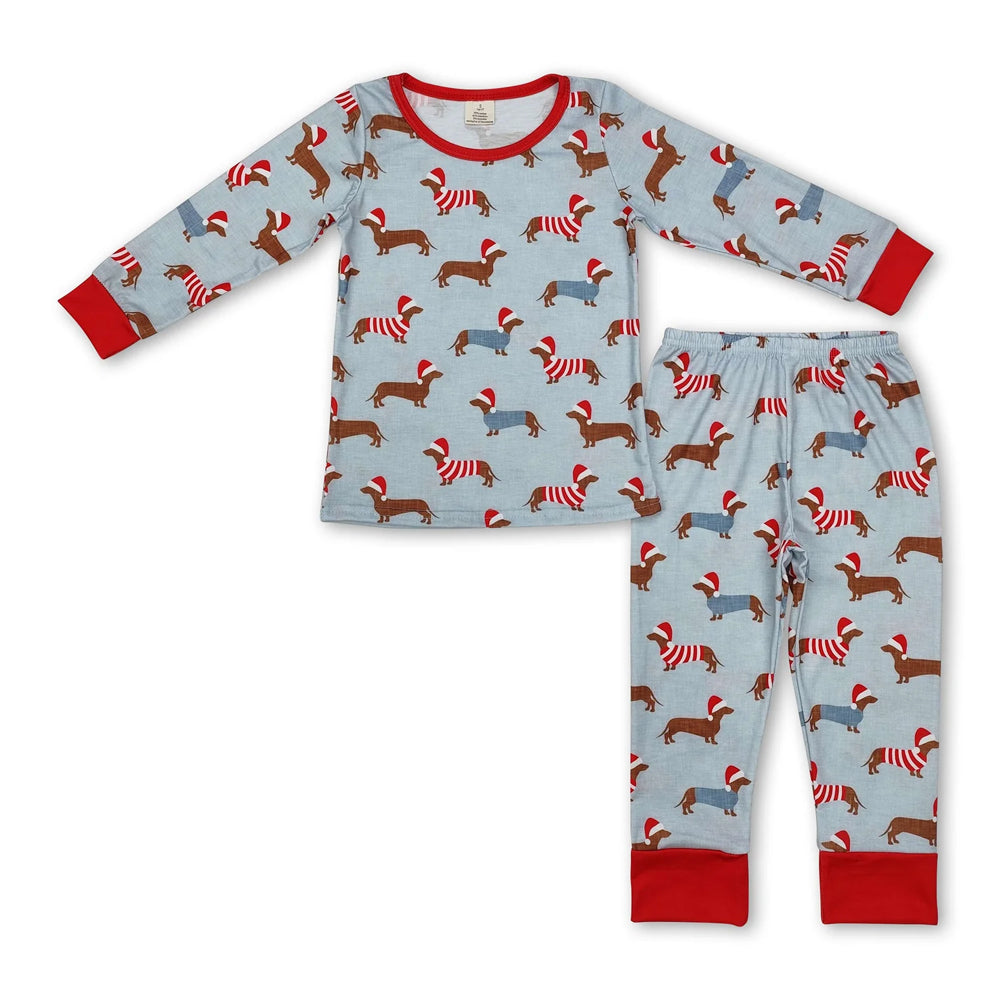 RTS NO MOQ Sibling milk silk Baby Boys Bamboo Christmas Dog Print Top Pants Pajamas Sets