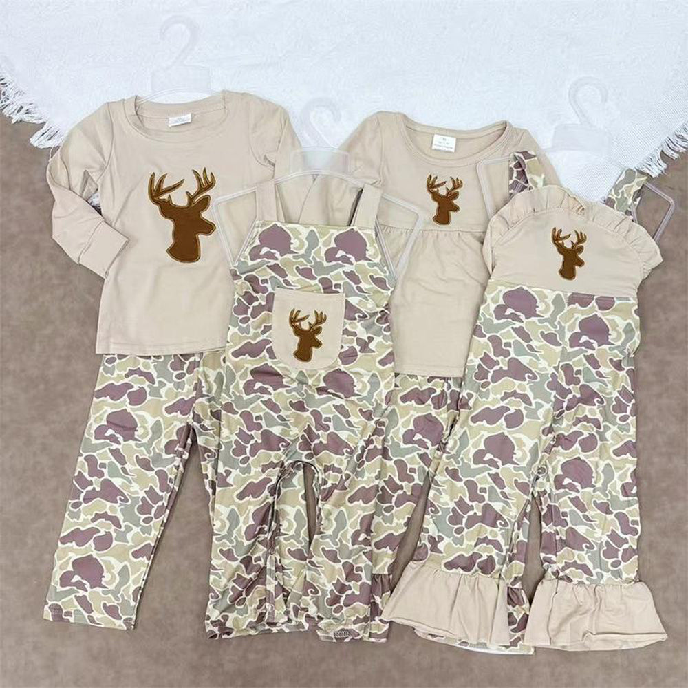 RTS NO MOQ Sibling baby girls boys clothes embroidery deer head Christmas long-sleeved suits and jumpsuits
